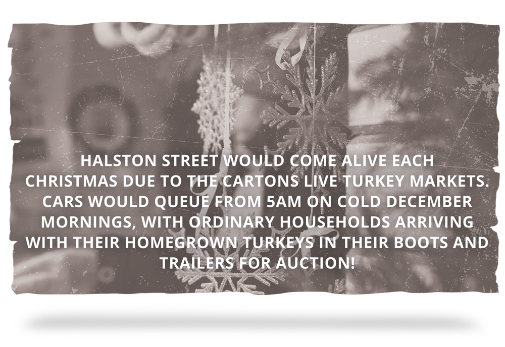 DUBLIN CHRISTMAS MARKETS Halston Street would come alive each Christmas due to the Cartons live Turkey Markets. Cars would queue from 5am on cold December mornings, with ordinary households arriving with their homegrown turkeys in their boots and trailers for auction!